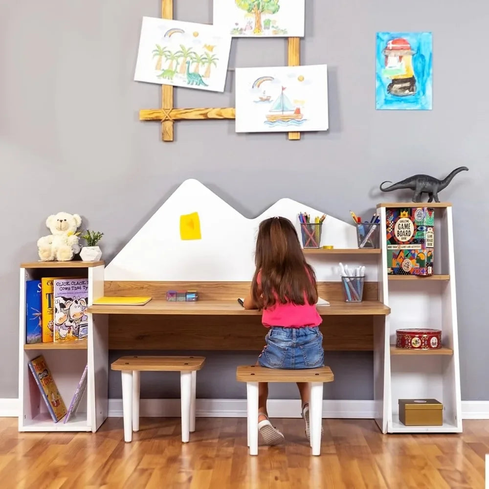 Kids Study Desk with Bookshelf and Stools for Ages 3-8