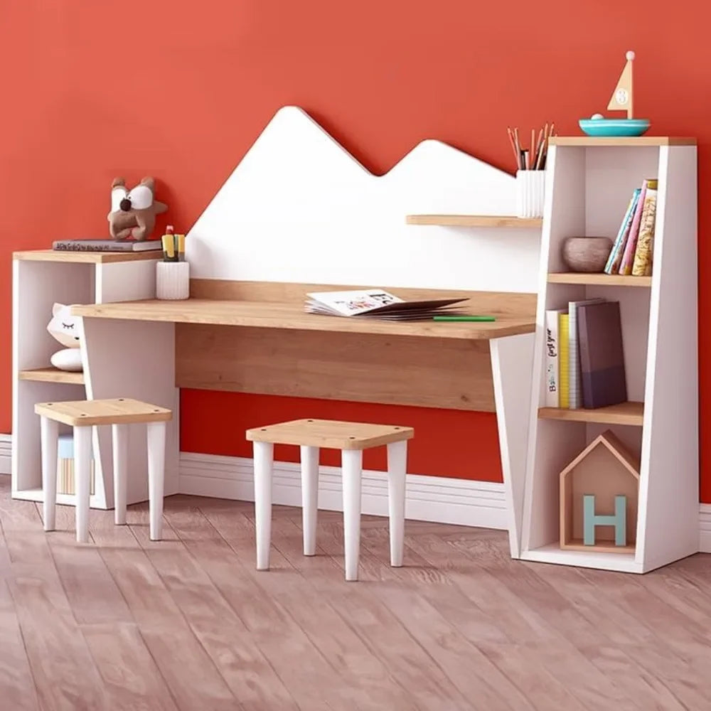 Kids Study Desk with Bookshelf and Stools for Ages 3-8