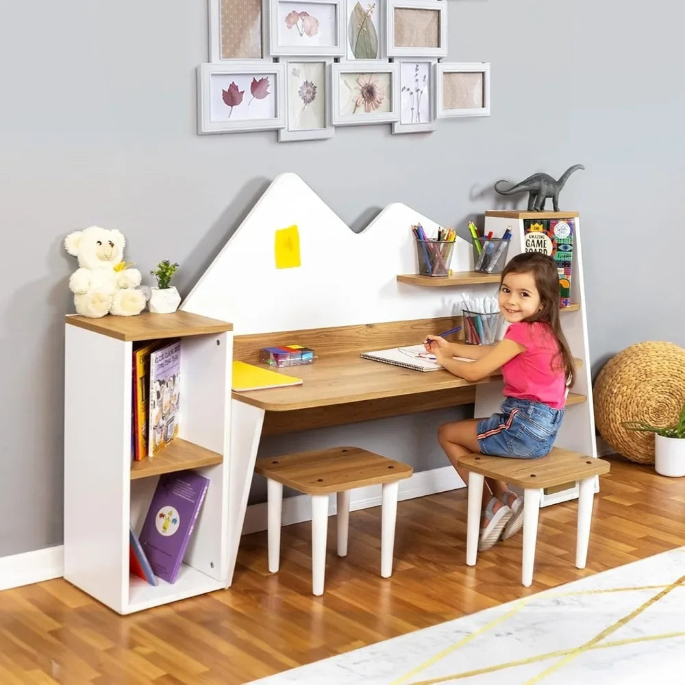 Kids Study Desk with Bookshelf and Stools for Ages 3-8