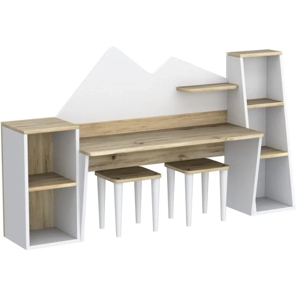 Kids Study Desk with Bookshelf and Stools for Ages 3-8