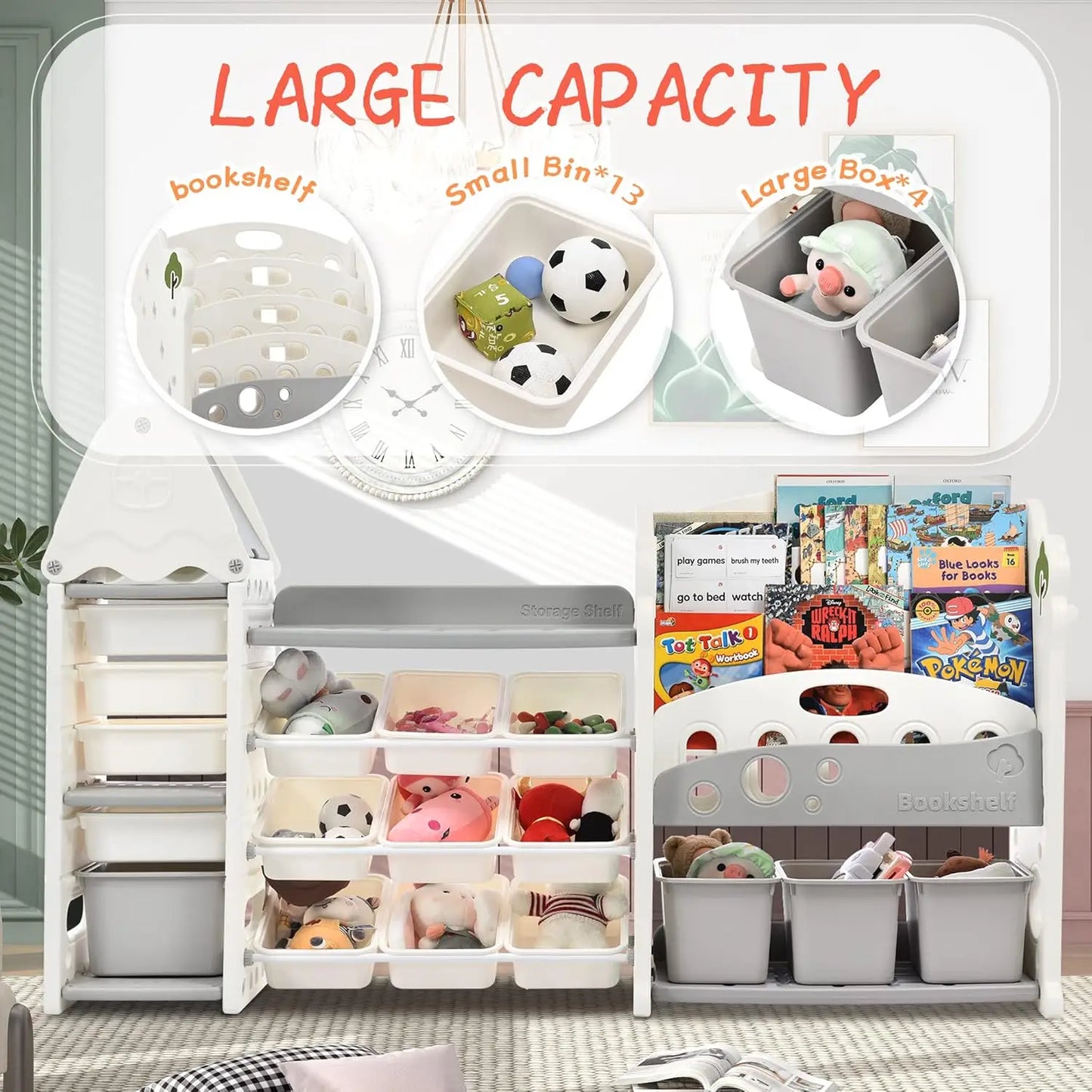 Kids Toy Storage Organizer with Bookshelf and Bins