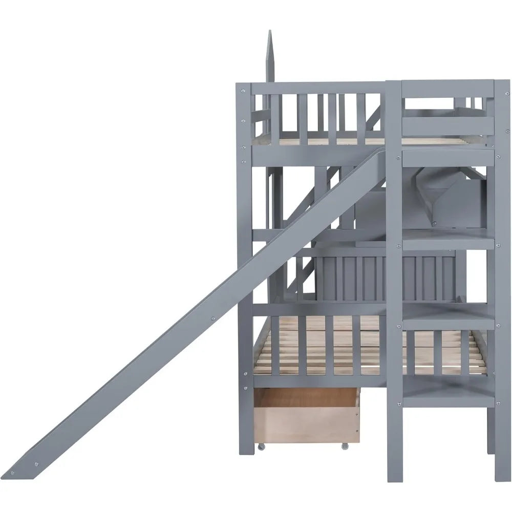 Solid Wood Twin Bunk Bed with Storage and Slide