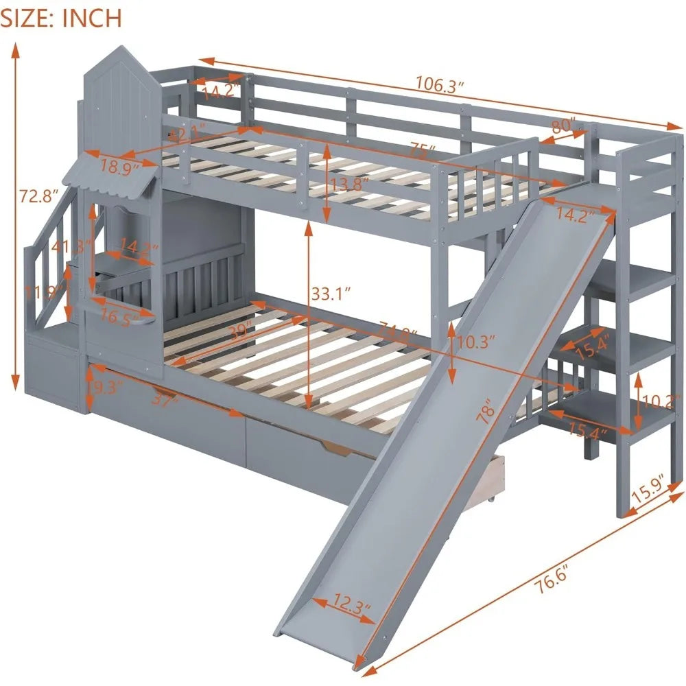 Solid Wood Twin Bunk Bed with Storage and Slide