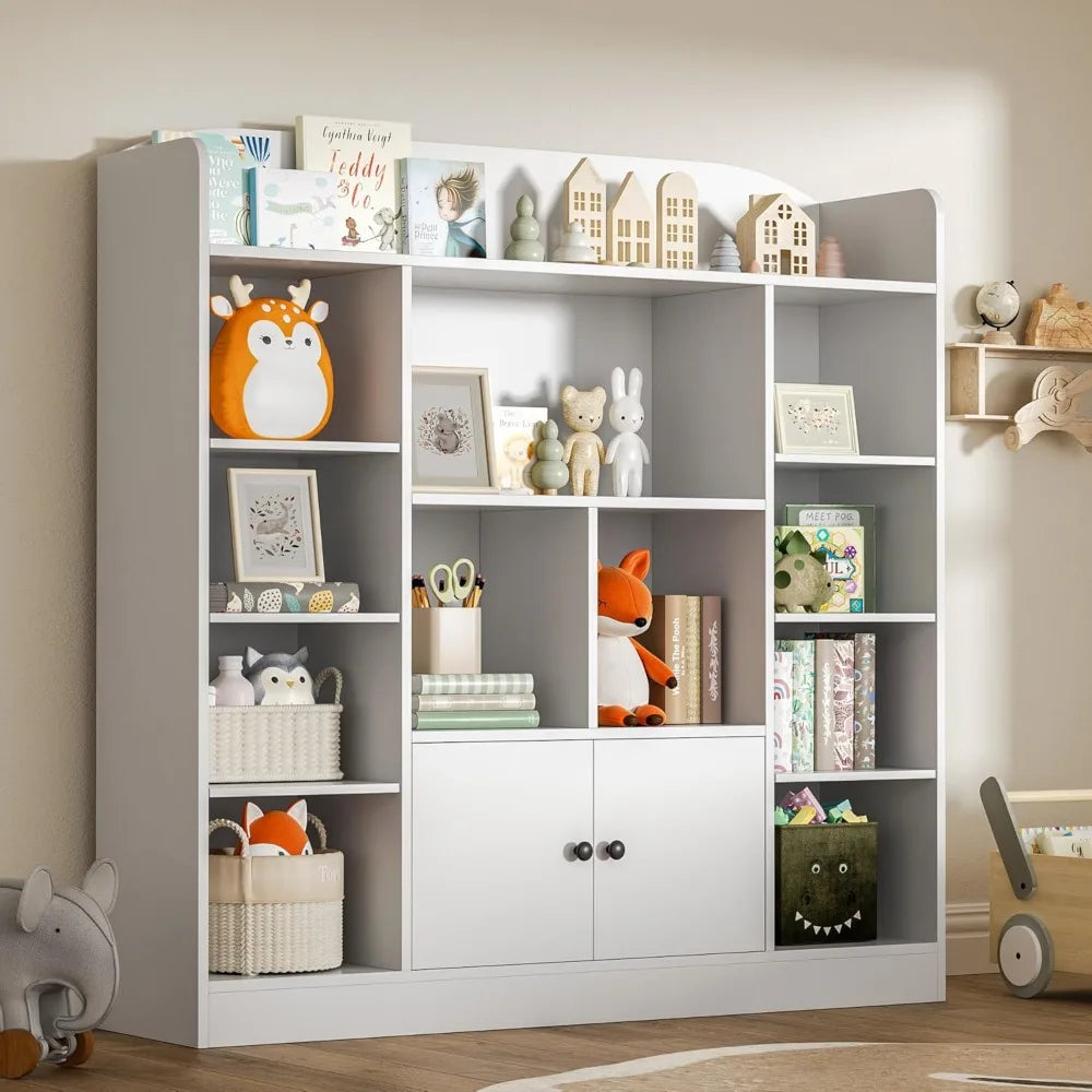 White Kids Bookshelf with Cubbies and Cabinets