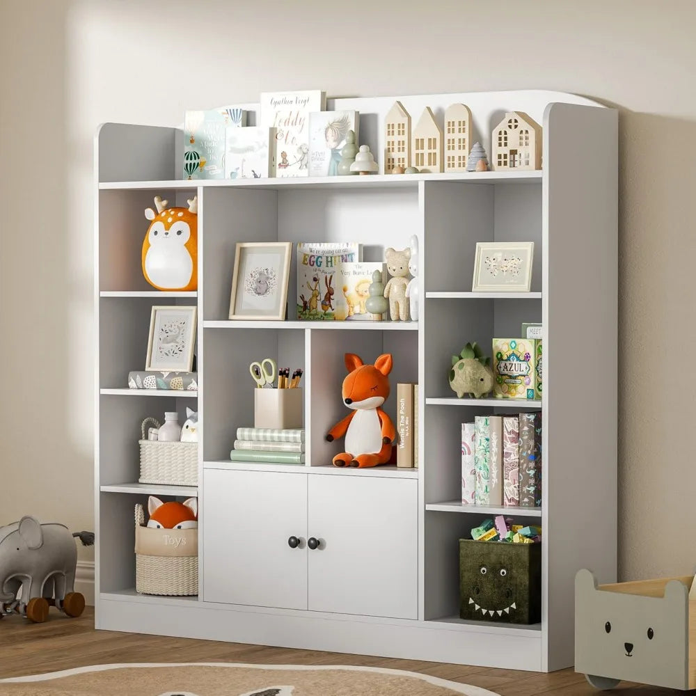 White Kids Bookshelf with Cubbies and Cabinets