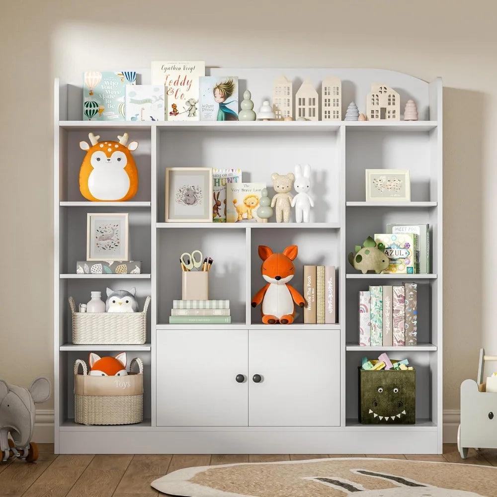 White Kids Bookshelf with Cubbies and Cabinets